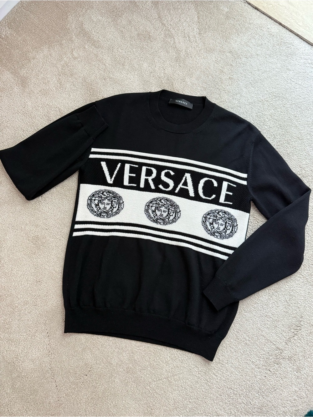 Versace Black and White Crewneck Logo Sweater